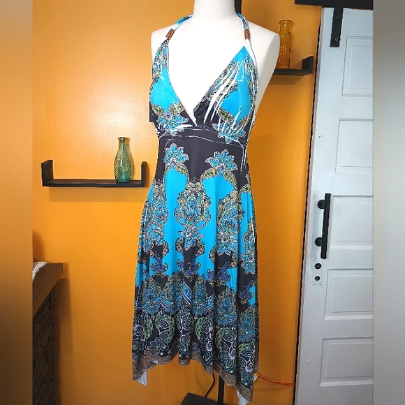 Chelsea Blue White and Green Floral Halter Dress Size M - Picture 1 of 13